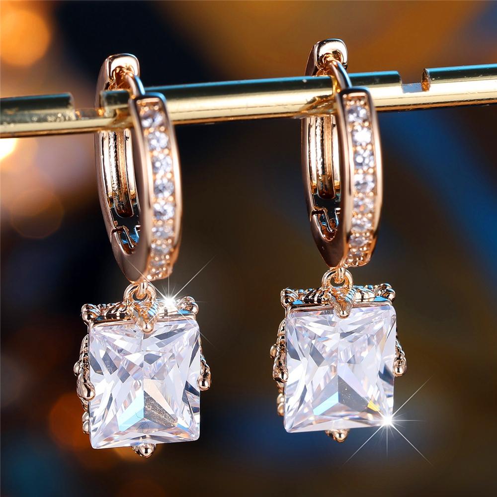 Trendy Crystal White Green Red Zircon Squarel Hoop Earrings For Women Vintage Gold Color Wedding