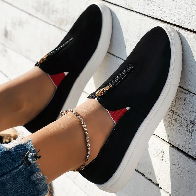 New Style Women Front Zip Sneakers Low Top Canvas Shoes Solid Colour Round Head Non-slip Casual Slip on Loafers Plus Size 36-43