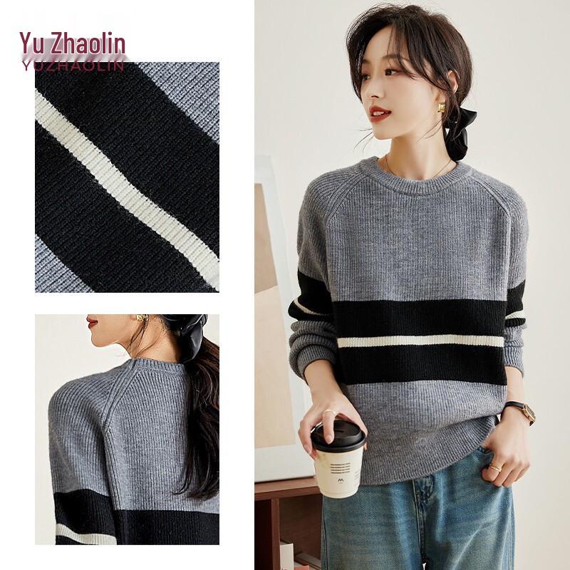 YUZHAOLIN Women s Striped Color-Block Round Neck Knit Sweater M