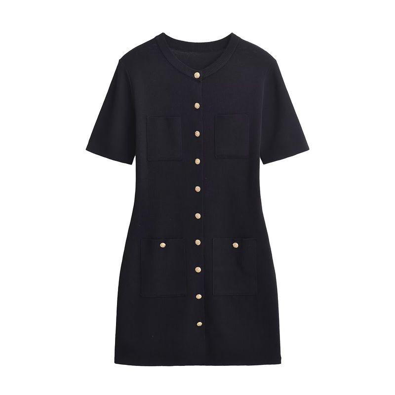Kaslead New Arrival Women's Clothing Fashion Style Fashion Solid Color Buttons Knitting Short Sleeve Dress 3471011