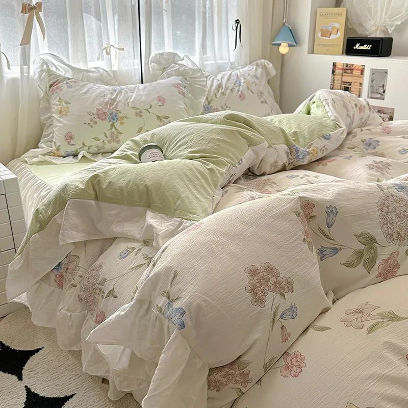 1.5/1.8 Korean Style 100% Cotton Fitted Sheet Sets with Lace Flower Print Bedding Set for Seasons Home Bedclothes for Adult Kids