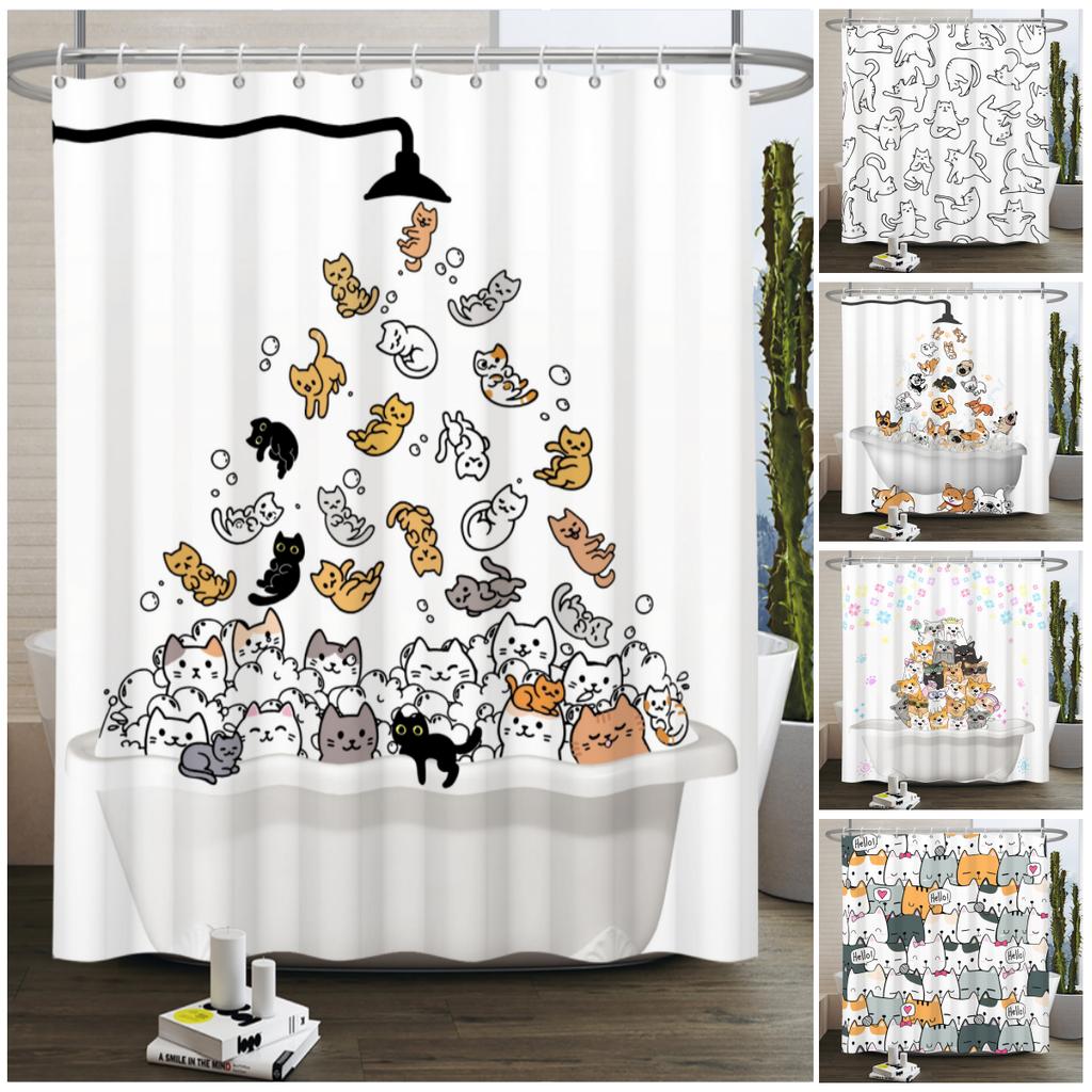 Minimalist Comics Shower Curtain Cute Cats Funny Cat Bath Scene Decor Waterproof Polyester Bathroom Curtain Set with 12 Hooks