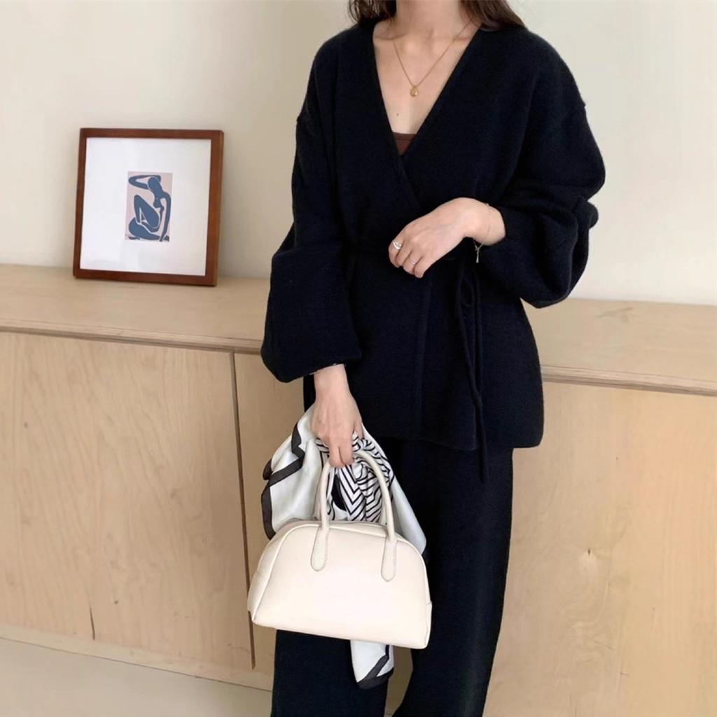 A New Autumn and Winter Fashion Sweater Set with A Laid-back Style for Women, Featuring A Retro Knitted Cardigan and Wide-leg Pants