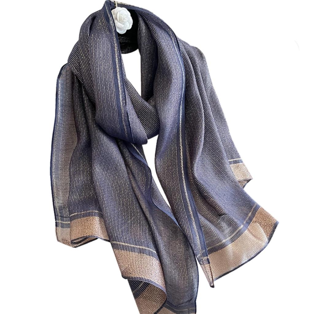 Navy Blue Shawl with Shine - Silk and Polyester, 180X90