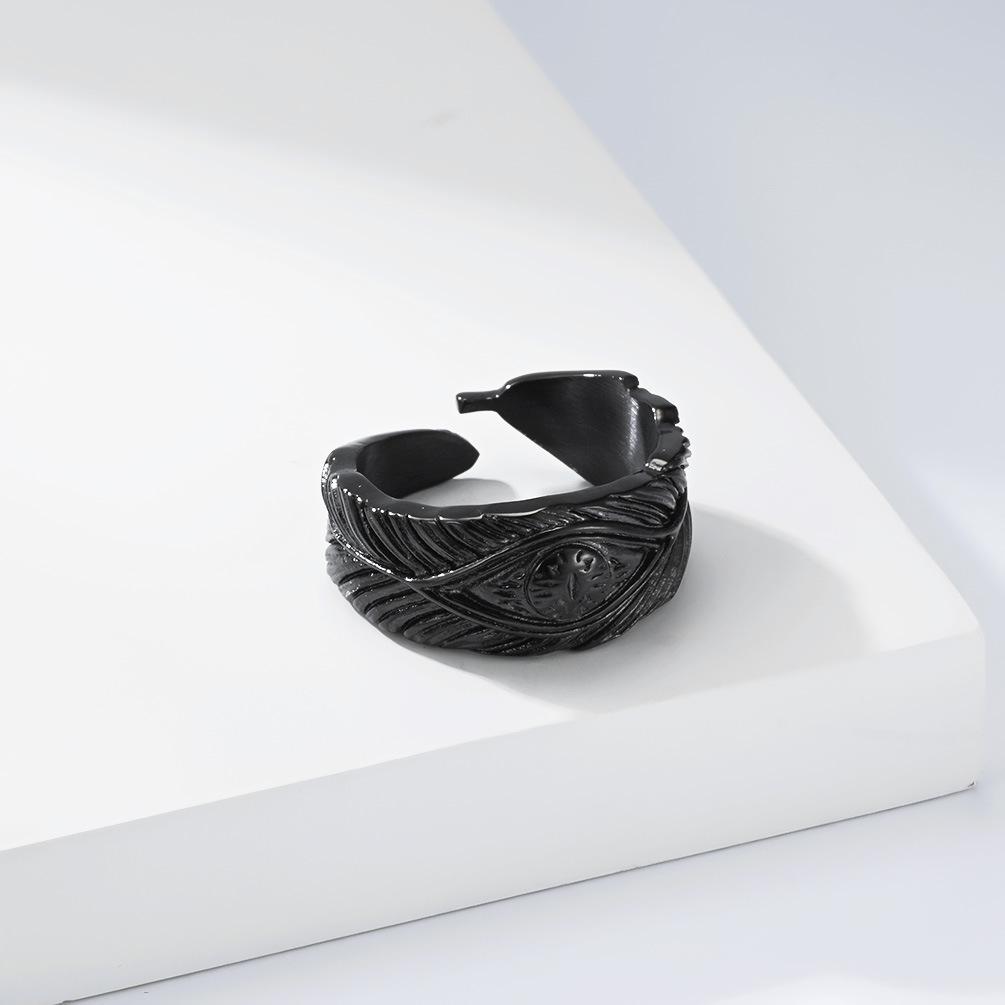 Vintage Feather Eye Open Ring, Adjustable Silver Color Titanium Steel Band, Retro Boho Totem Jewelry, Unisex Gothic Finger Ring for Men Women