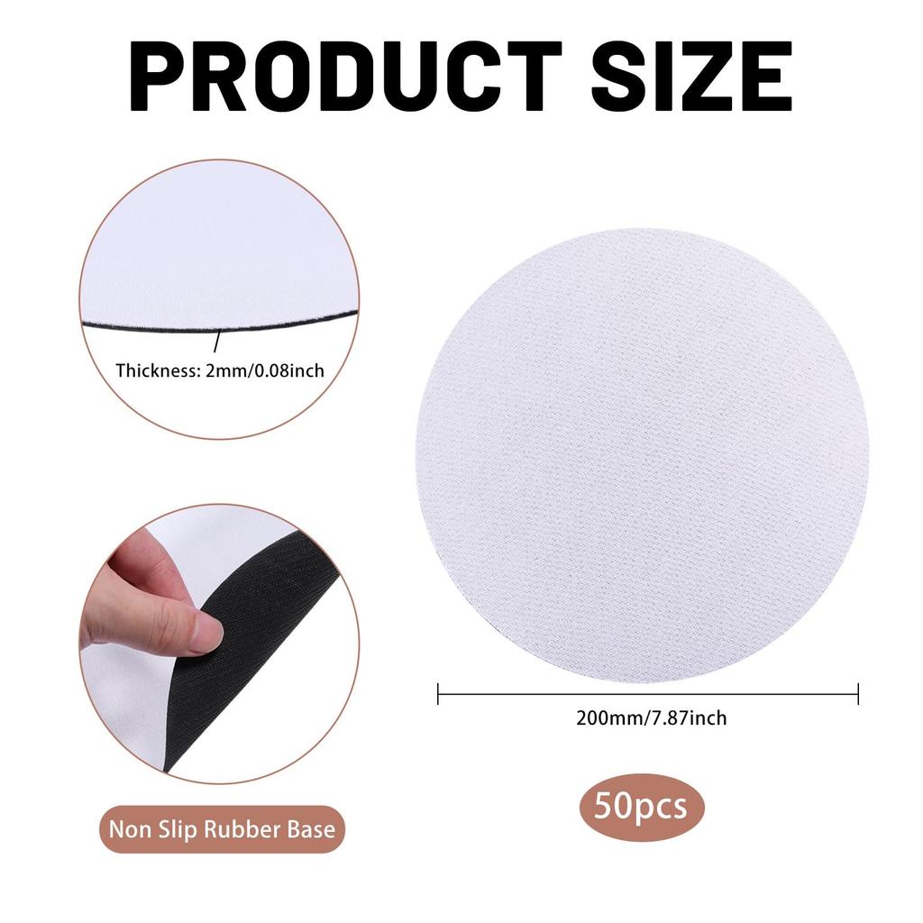GLOBLELAND White Round Mouse Thermal Transfer Bulk Pack for and Home Use 50-Pack Pads, Printable, 20x20cm, Washable, Available, Non-Slip, Laptops,