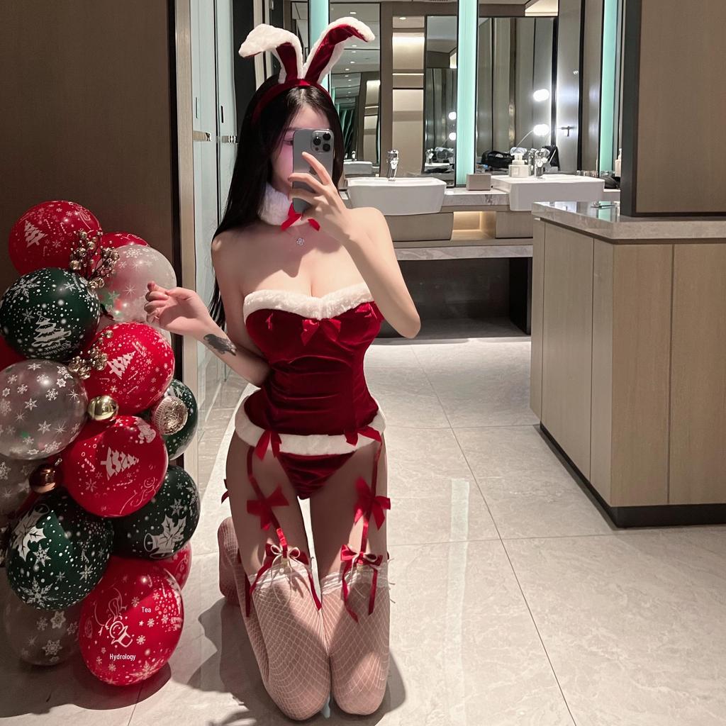 Temptation Bunny Girl Lingerie Set: Open Chest, Bondage, and Christmas Bodysuit