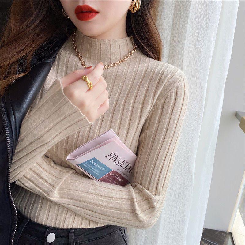 Women's Slim-Fit Ribbed Knit Sweater - Autumn/Winter 2025 Fashion Top with Half Turtleneck