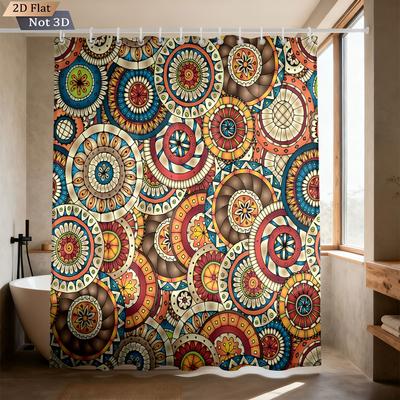 1pc Bohemian Color Retro Pattern Print Waterproof Privacy Partition Shower Curtain With 12 Hooks Multiple Sizes Machine Washable