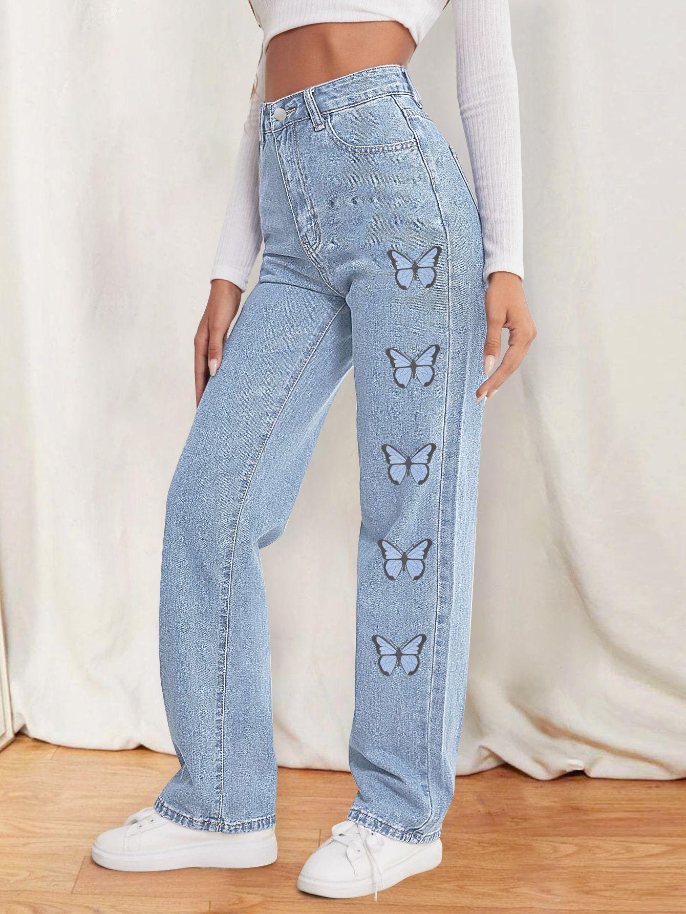 

Butterfly Print Women s Straight Leg Jeans - Sweet Casual European Style XL светло-синий