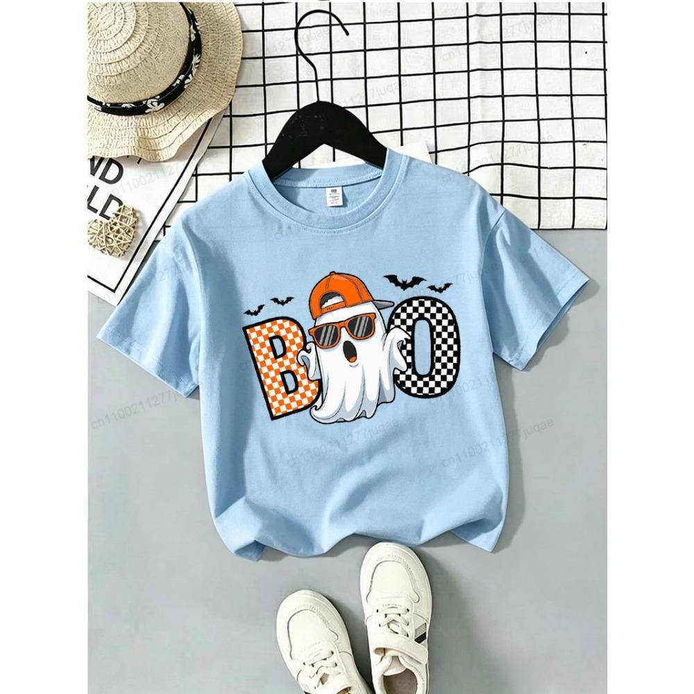 Kids T-shirt Cool Ghost Boo Graphic Tee Short Sleeve Round Neck Toddler Tshirts Trick or Treat Tops Halloween Party Costume Top