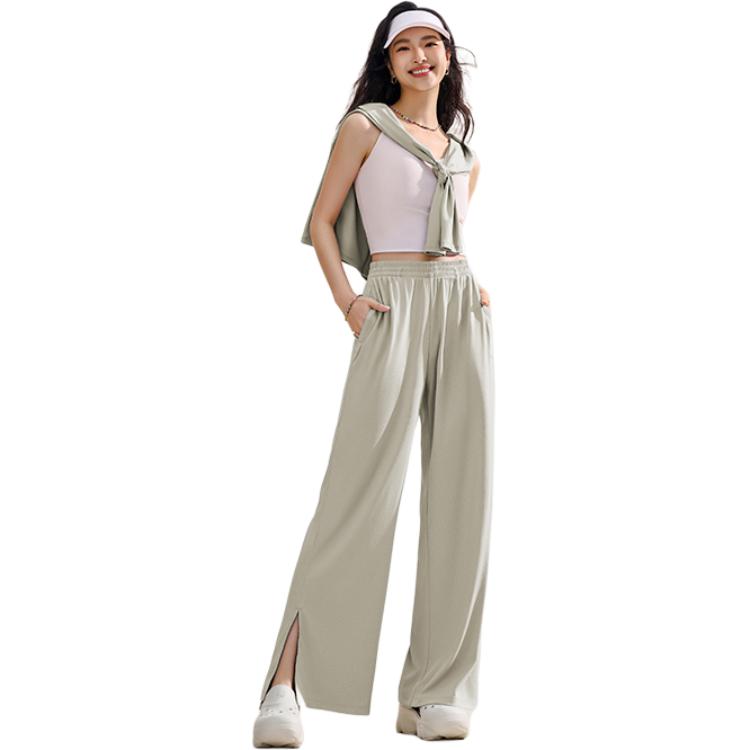 Anta Training Series Solid Color Mid Waist Drawstring Breathable Versatile Wide Leg Sports Pants Women Pants Pearl-Gray 962527303-1