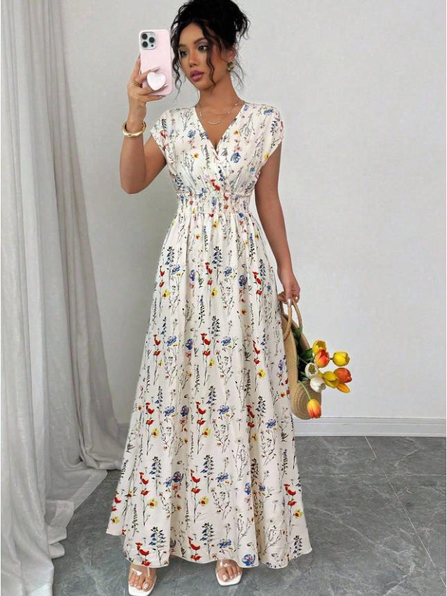 Europäisches & Amerikanisches V-Ausschnitt Schnür-Kurzarmkleid, Sommer Taillenbetonendes Langes Bedrucktes Modell für Damen