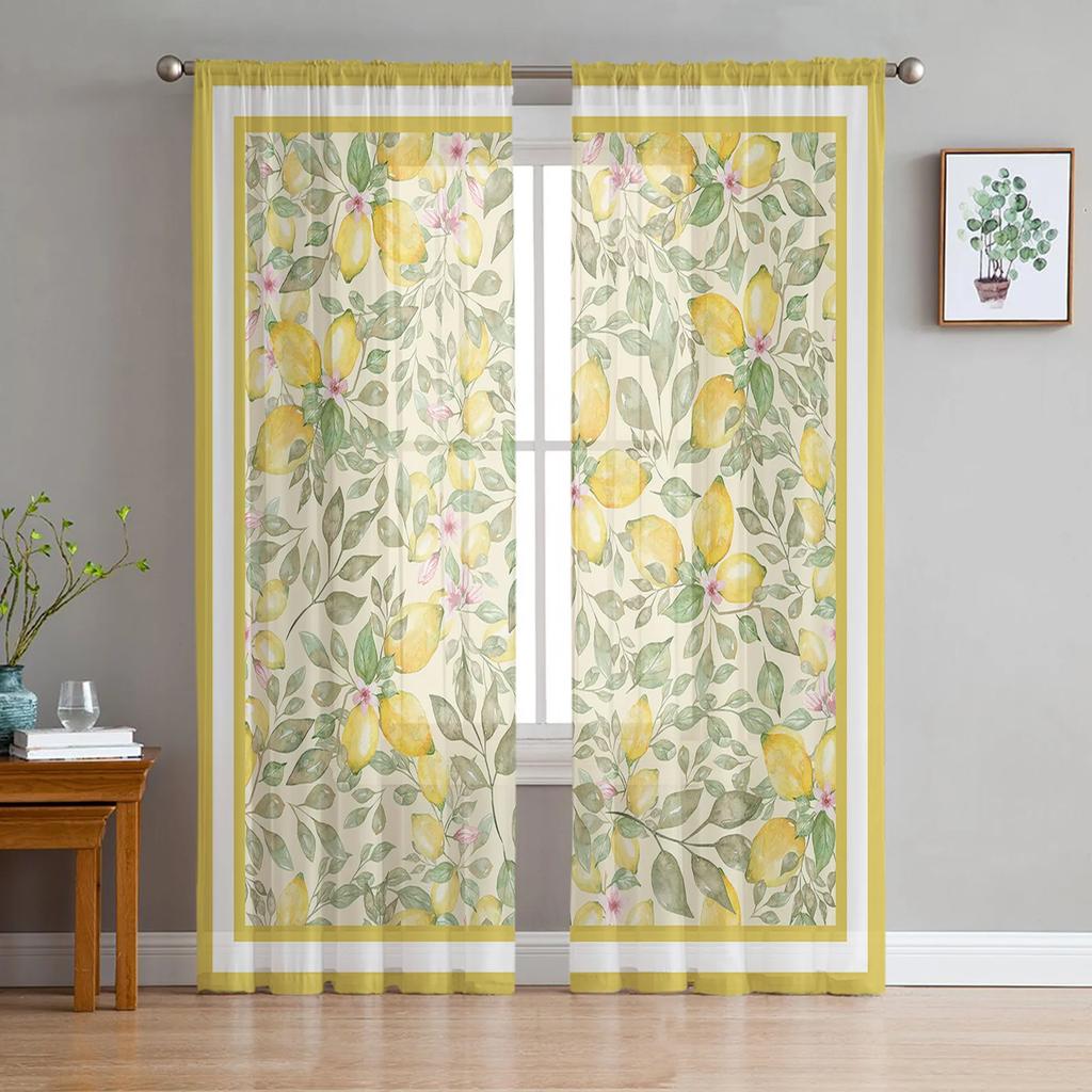 Summer Lemon Leaves Flowers Sheer Drapes ideal for Bedroom Space Living Room Decoration Window Opening Drape Kitchen Area Tulle Voile Organza Drapes