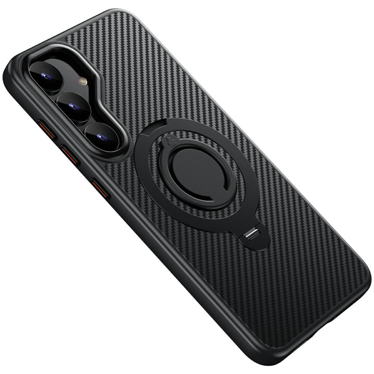 

Для Samsung Galaxy S25+ Магнитный чехол Подставка Текстура углеродного волокна Задняя крышка из ПК + ТПУ с силиконовым кольцом A