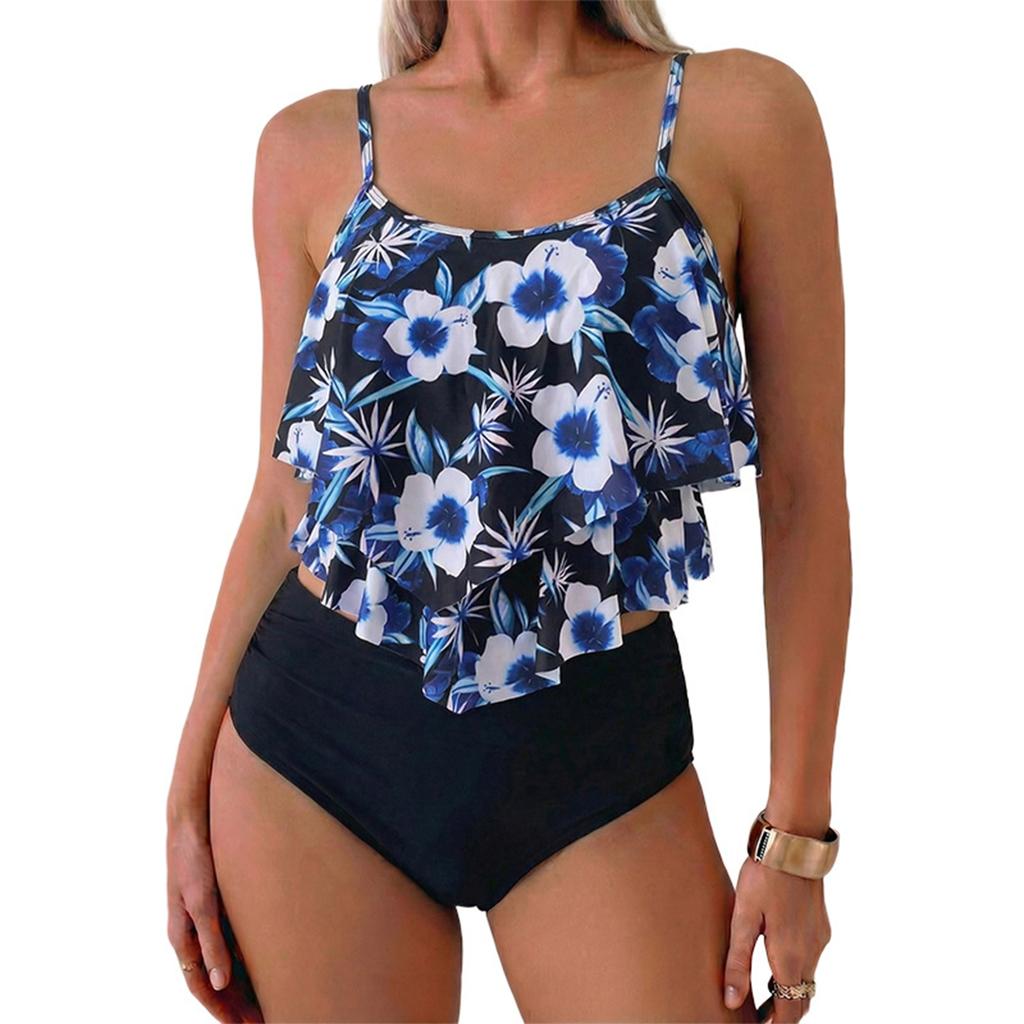 Women’s Two Piece Swimsuit Ruffle Tankini Top with Adjustable Straps and High Waist Floral Printed Bottoms
