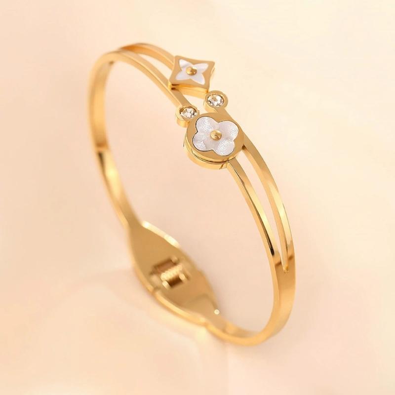 Elegant 4-Leaf Grass Design Ti Steel Bangle Wrist Bracelet For Women Men Secure Lock Lightweight Everyday Wear