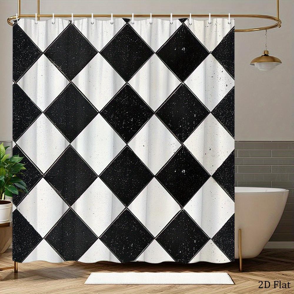 Vintage Black White Checkerboard Shower Curtain Geometric Diamond Pattern Polyester Bath Curtain with 12 Hooks for Modern Decor