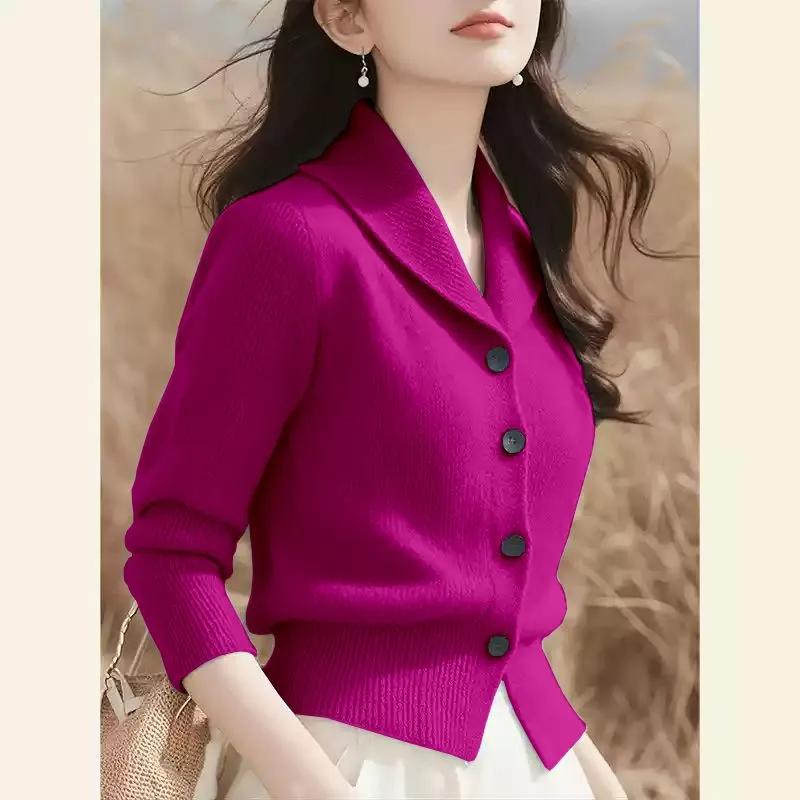 Damen Frühling und Herbst Umlegekragen Strickjacke Damen Koreanische Version Elegante Strickoberteile