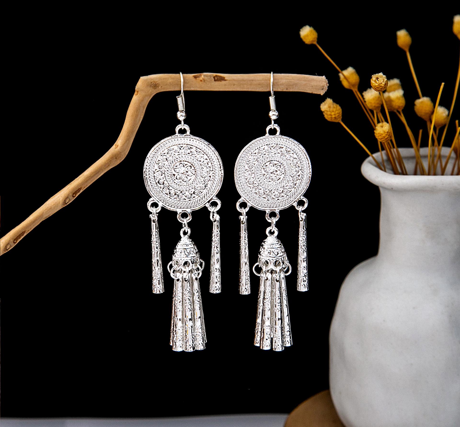 

Imitation Miao Silver Ethnic Long Leaf Tassel Dangle Earrings