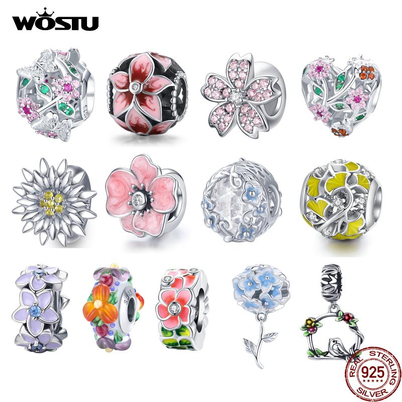 WOSTU Daisy Flower Series Charms 925 Silver Spacer Beads Dangle Charms Fit Bracelets DIY Jewelry
