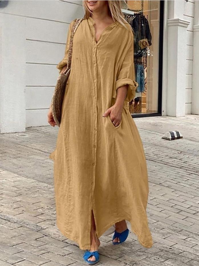 European and American Casual Pocket Shirt Collar Long Cotton Linen Maxi Dress in Plus Sizes, 2023.