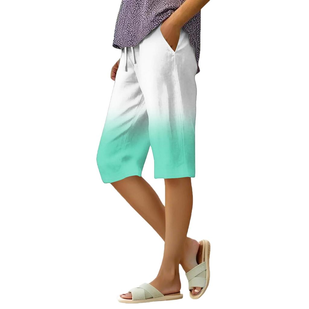 Women's Summer Gradient Floral Polka Dot Print Knee-Length Lightweight Elastic Waist Casual Pocket Shorts