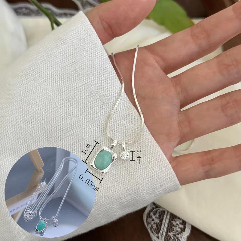 PANJBJ 925 Sterling Silver Mint Green Stone Necklace for Women Geometry Block Sweet Design Special Jewelry Gift Dropshipping