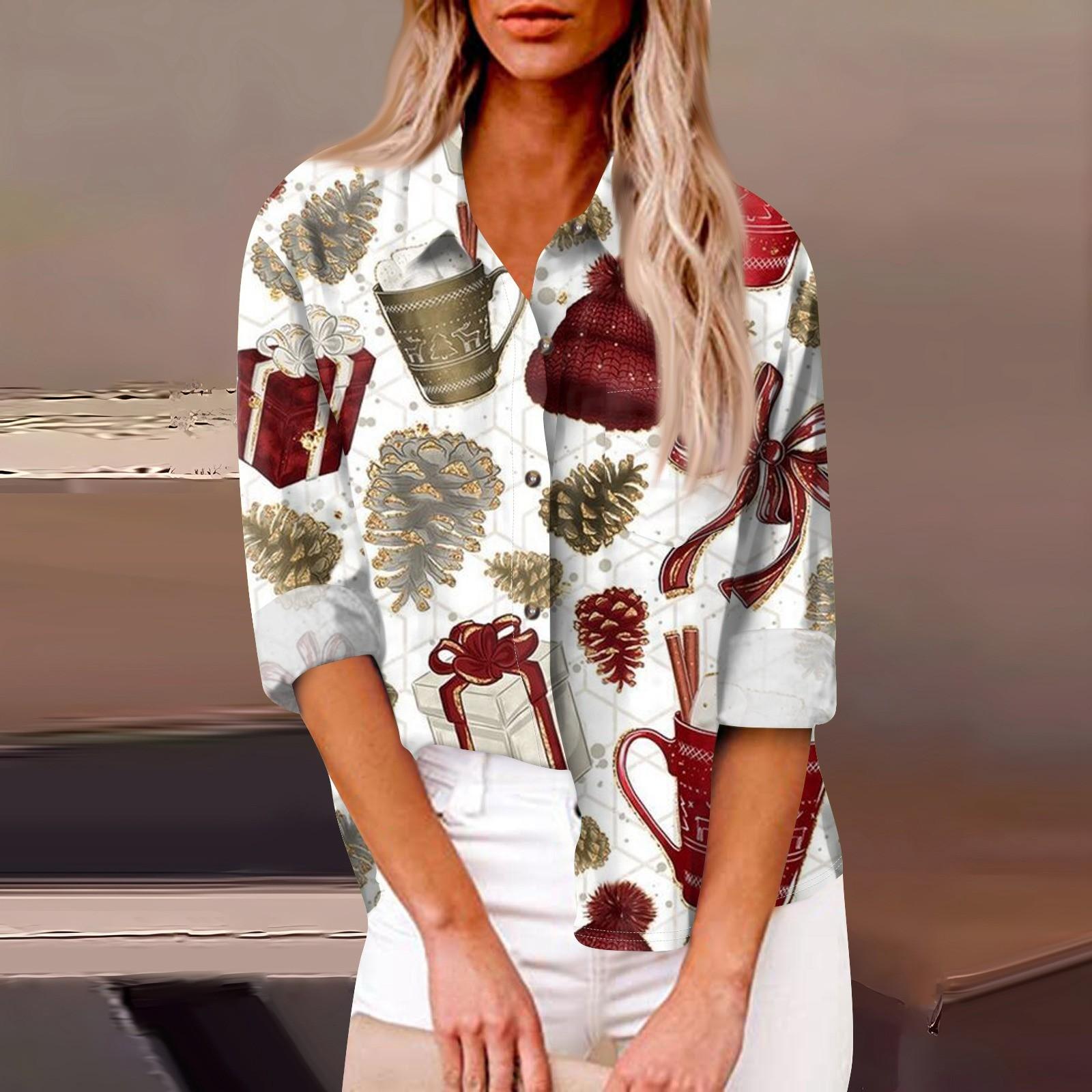 

Женская свободная повседневная рубашка с длинными рукавами и рождественским принтом, кардиган с принтом и карманами L белый