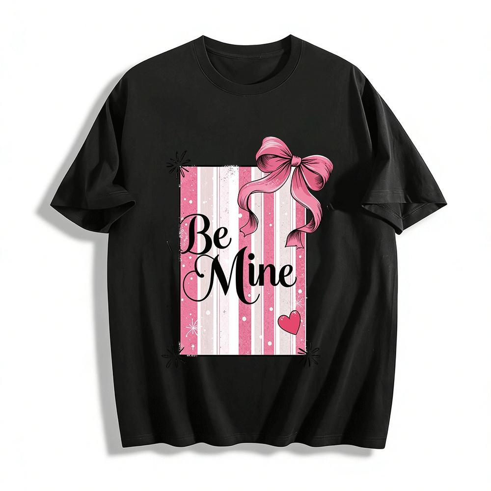 Valentine s Day Be Mine Pink Bow Striped Print Casual Top Pure cotton T-shirt XXS