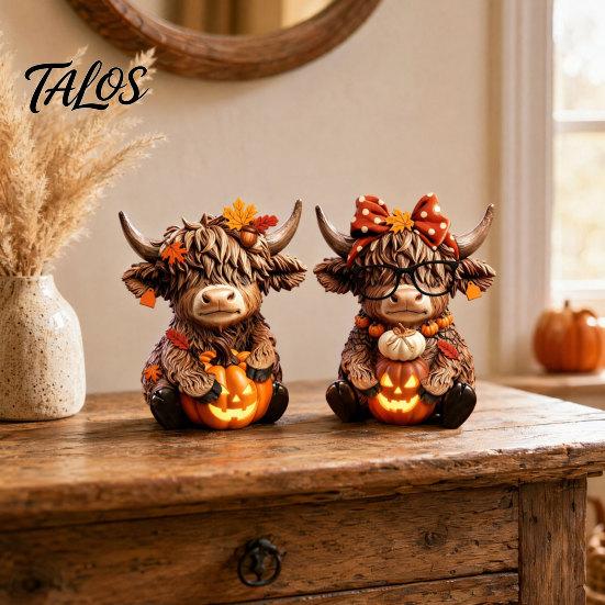 Country Home Ornament 2PCS Highland Cow Ornament, Wooden Rustic Style Figurine, Thanksgiving Figurines Theme Wood Art, for Entrance Living Room Decor