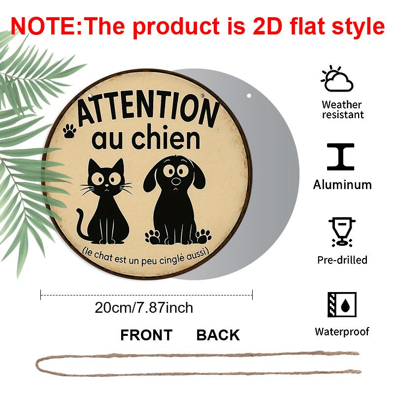 2D Flat, 1pc 7.87 Inch Round French Aluminum Sign, "Beware of Dog" Vintage Decorative Plaque, Pet Cat and Dog Reminder Decorative Art, Suitable for