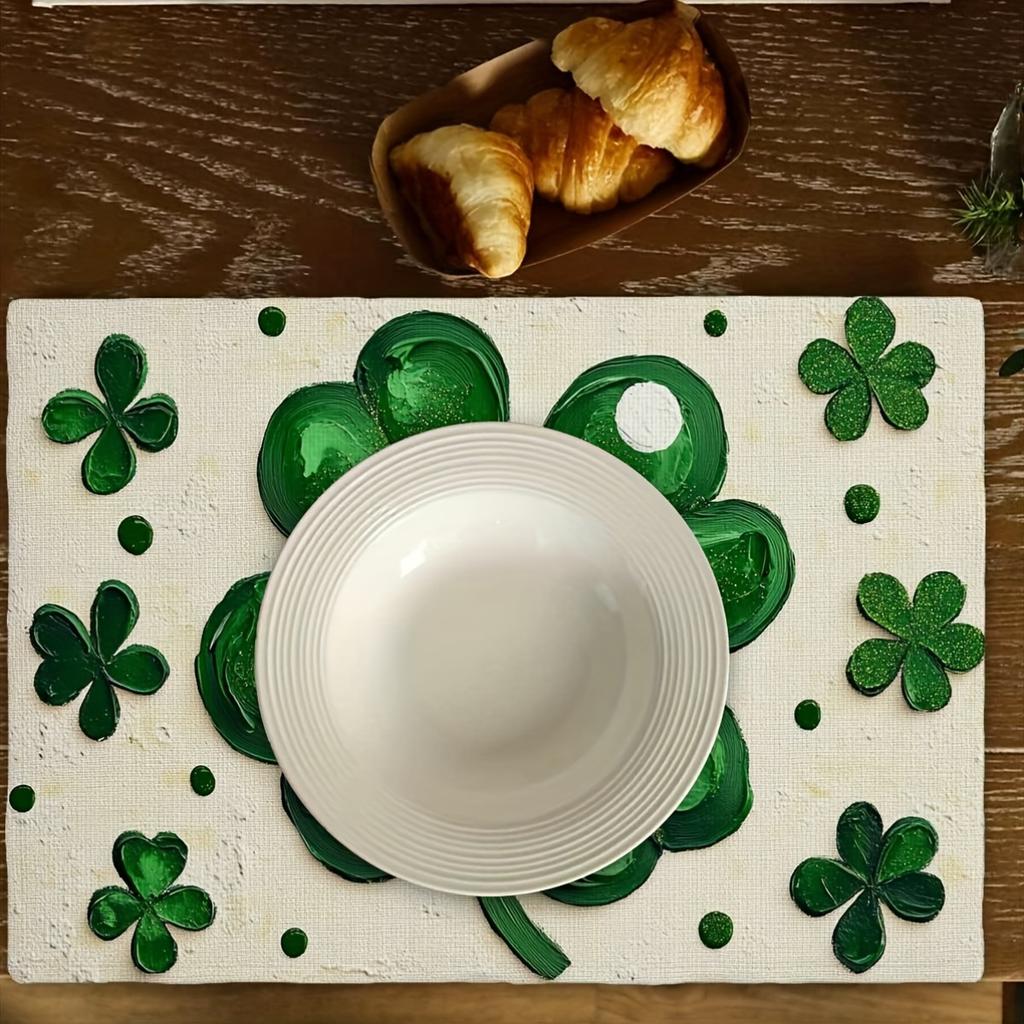 1 Set White Dot Shamrock Lucky Irish St. Patrick'S Day Placemat, Seasonal Spring, 12 x 18 inches, Polyester 100%, Hand Wash Only, Woven