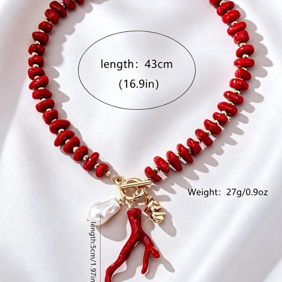 Summer Boho Red/Green Beaded Necklace Baroque Imitation Pearl & Coral Charm Toggle Choker For Women Beach & Vacation