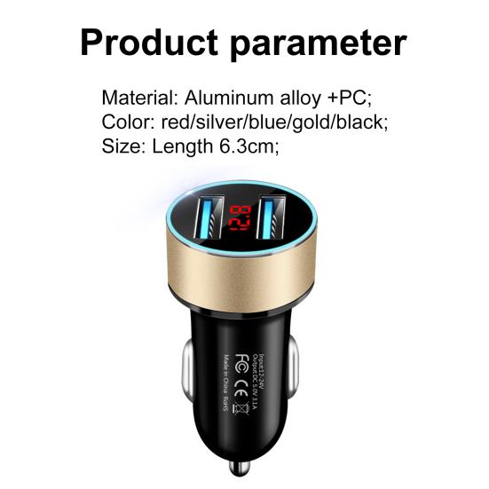 3.1A Car Charger Dual USB Port Quick Charging Aluminum Alloy LCD Display Mobile Phone Adapter for Phone