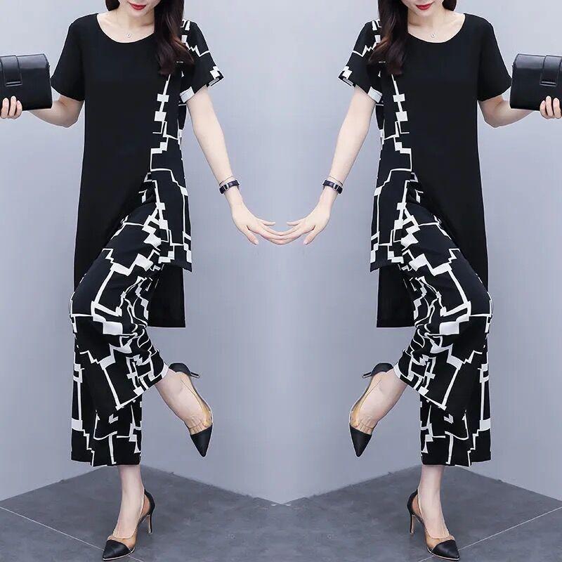 Suit Women's Office Clothing Short-sleeved Loose Wide-leg Pants Large Size Two-piece Set