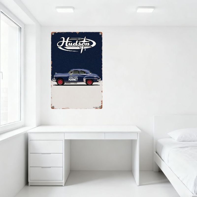 Vintage Hudson Hornet Car Metal Tin Sign with Rusty Border, Retro American Automotive Design for Home Bar Man Cave Decor
