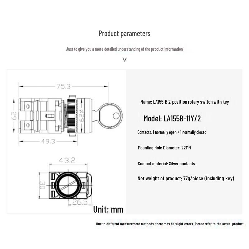 Two-Position Key Rotary Switch, Model LA155B-11Y/2, On/Off, Thickened Copper Parts, Silver Contacts, 22mm Hole.