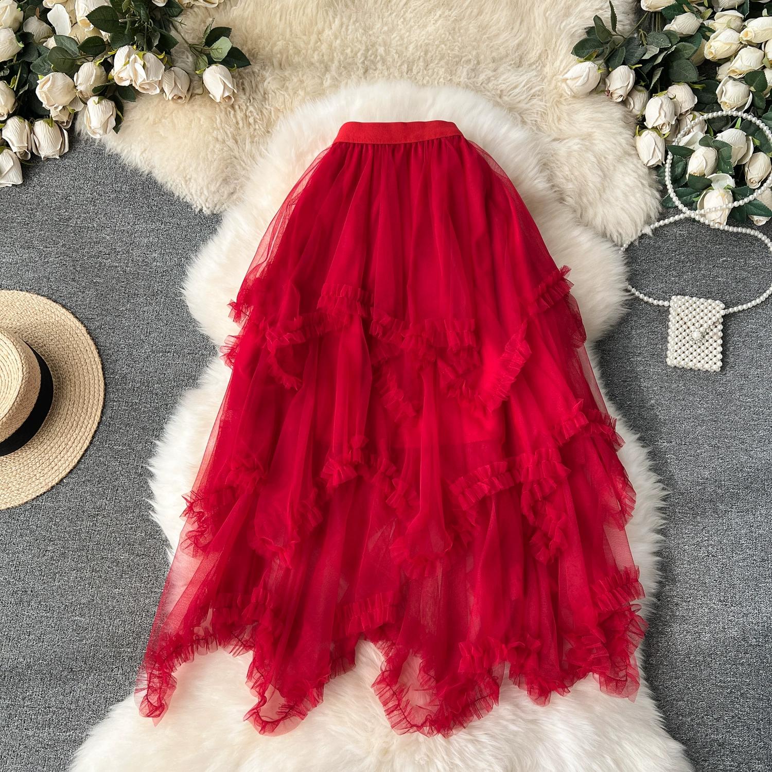 

Летняя женская элегантная эластичная сетчатая юбка принцессы с высокой талией, длинная миди, нерегулярная юбка-торт One size красный