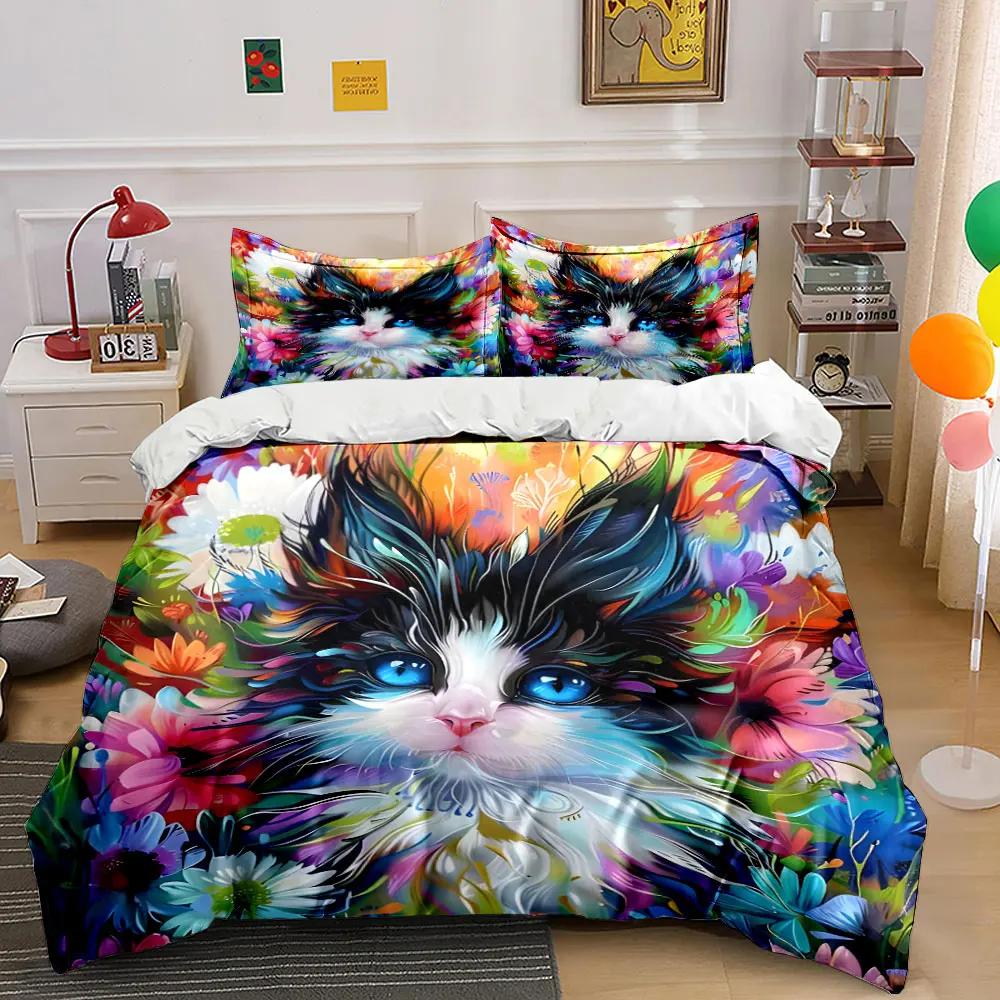 "Colorful Cat Floral Art Prints" Multiple sizes kid's and adults' bedroom Exquisite 3PC bedding set, gift