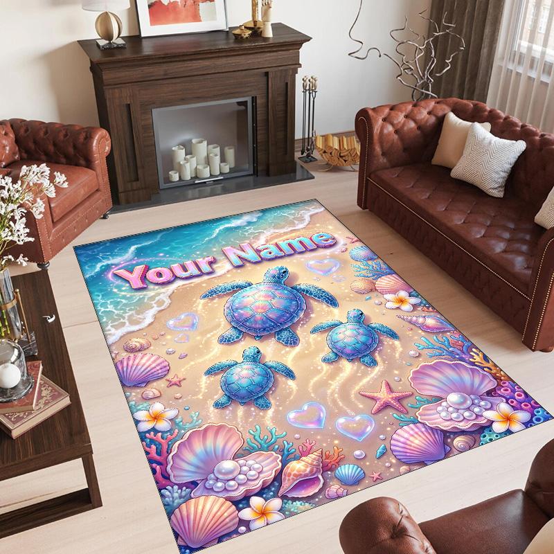 Mermaid Theme Crystal Velvet Floor Rug Personalized Custom Name Text Warm Carpet Home Decoration
