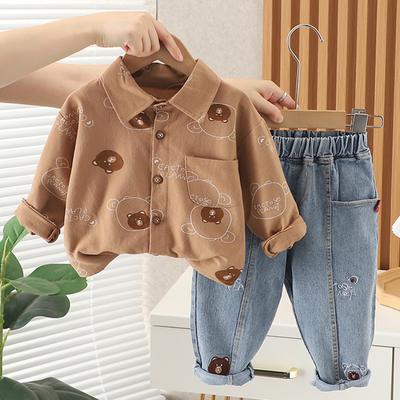 Frühling Herbst Kinder Outfit Jungen Bekleidungsset Allover-Druck Cartoon Bär Hemd und Jeans 2-teiliger Anzug für Kinder