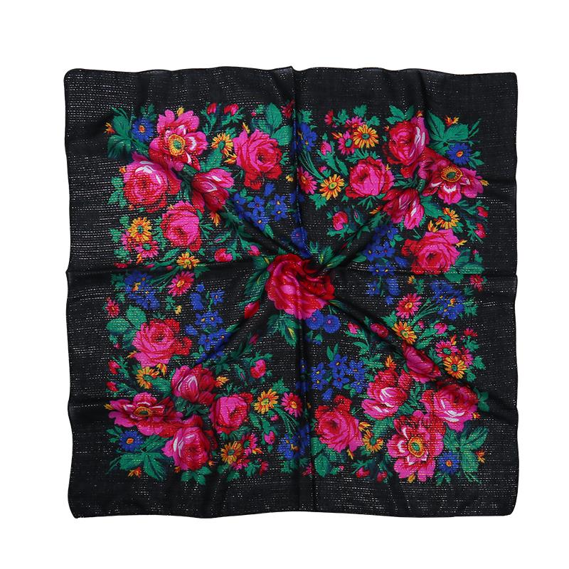 Muslim Hijab Beauty Custom Russia Pattern Flower Printed Head Warp 90*90cm Digital Printed Twill Polyester Square Scarf чёрный
