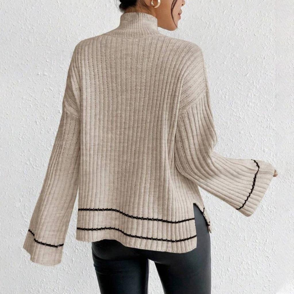 Women's Casual Fashion Colorblock Knitted Brushed Turtleneck Long Sleeve Top