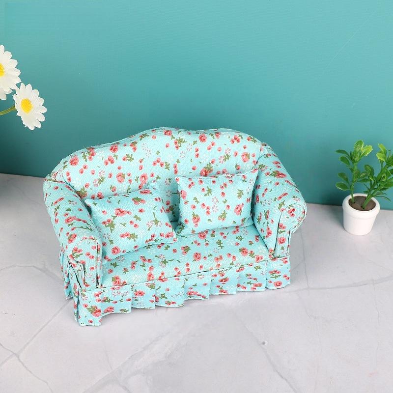 1 Set 1:12 Dollhouse Furniture Double Sitting Sofa With Pillow Kit Doll House Simulation Miniature Living Room Kids Pretend Play
