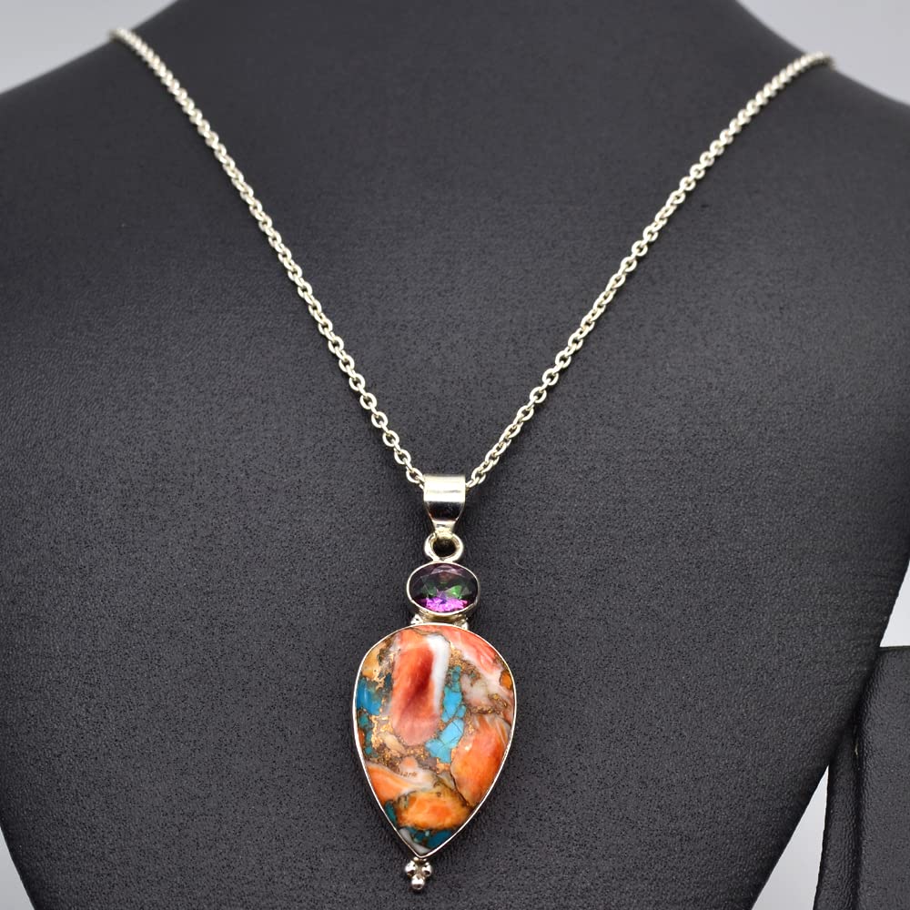 Colar com pingente de turquesa e topázio místico, corte redondo e cabochão de cobre, com pingente de pedra preciosa de prata esterlina 925 sólida e corrente