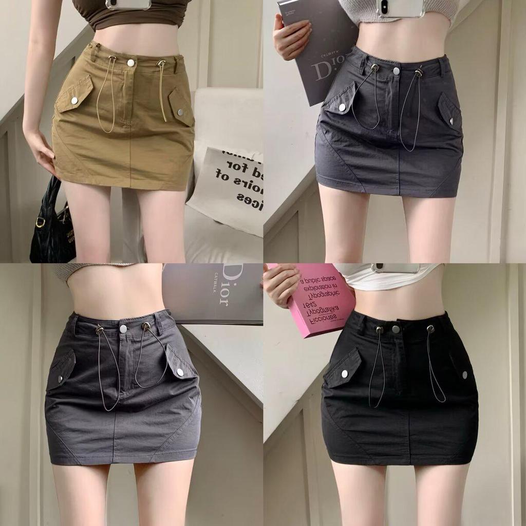 Women's High Waist Gray Workwear Mini Skirt with Drawstring Design