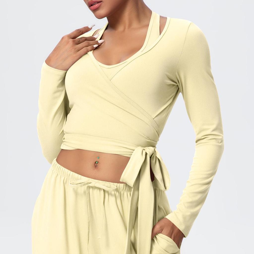 Brushed Long Sleeve One-Piece Tie-Up Yoga Wear for Outdoor Sports