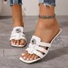 Fashion Wear Transparent and Flip-flops Summer New Square Head Open Toe Crystal Flower Hollow-out Non-slip High Heels