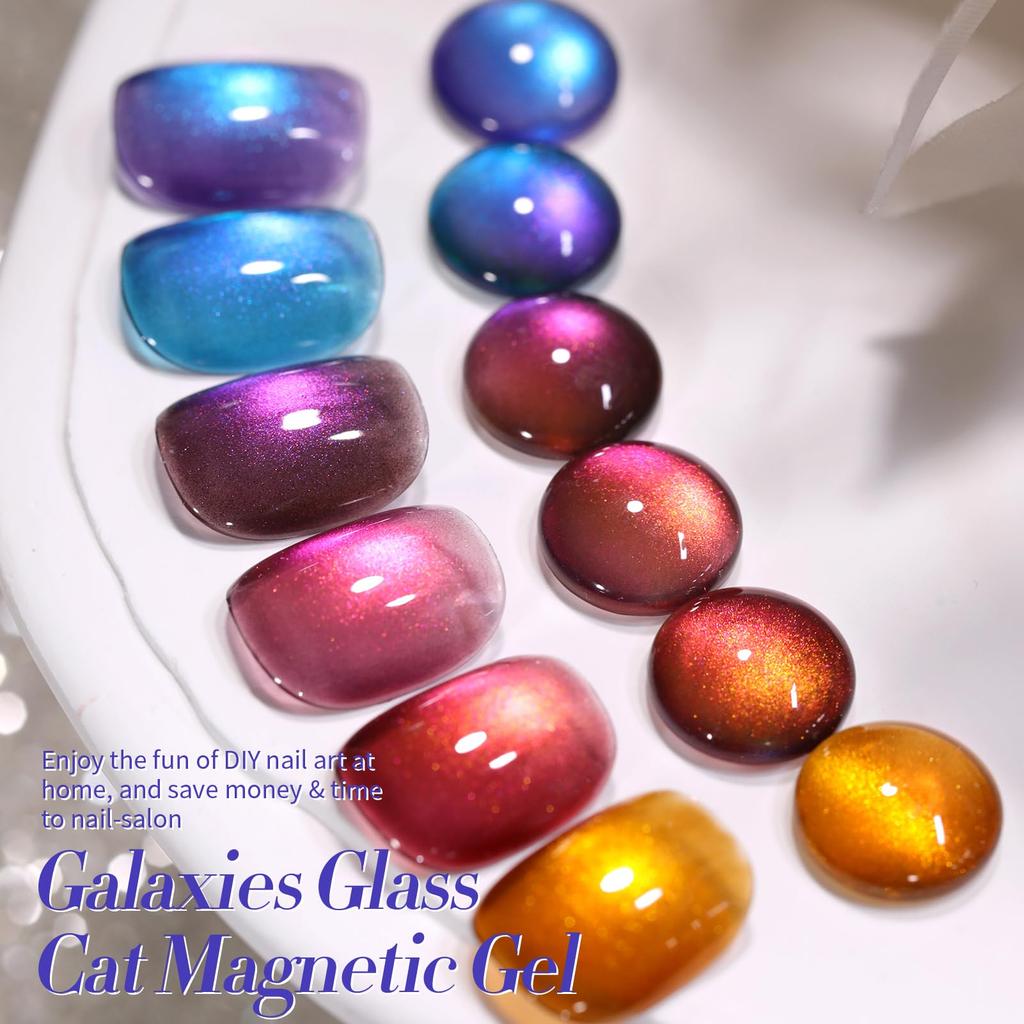 BORN PRETTY Magnetic Nail Polish 6-Color Set: Magnetic Gel with Magnets, Cat Eye Gel, Glittery, Colorful Galaxy, Glass Beads, Cat's Eye Design, Microp
